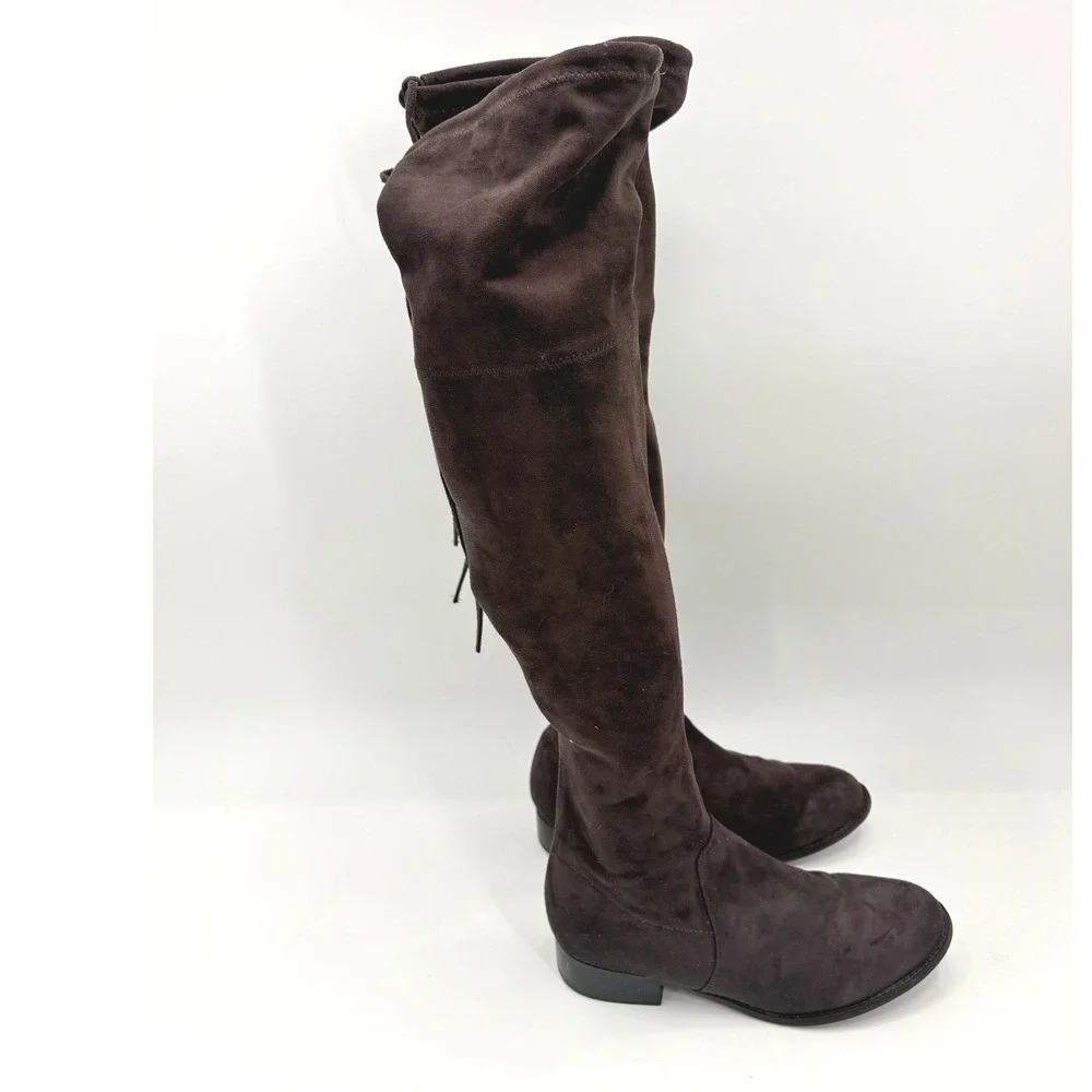 Women Dark Brown Faux Suede Over the Knee Thigh High Tie Back Boots Size 7.5